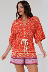 Marylin Playsuit - Collared Button Down Playsuit with Rope Pull Tie Waist in Maevi Print