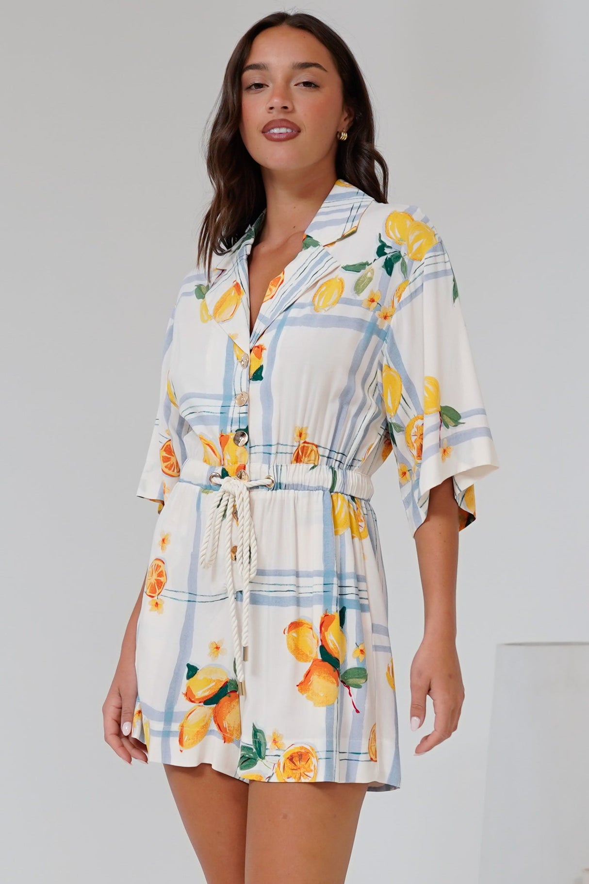Marylin Playsuit - Collared Button Down Playsuit with Rope Pull Tie Waist in San Vitto Print