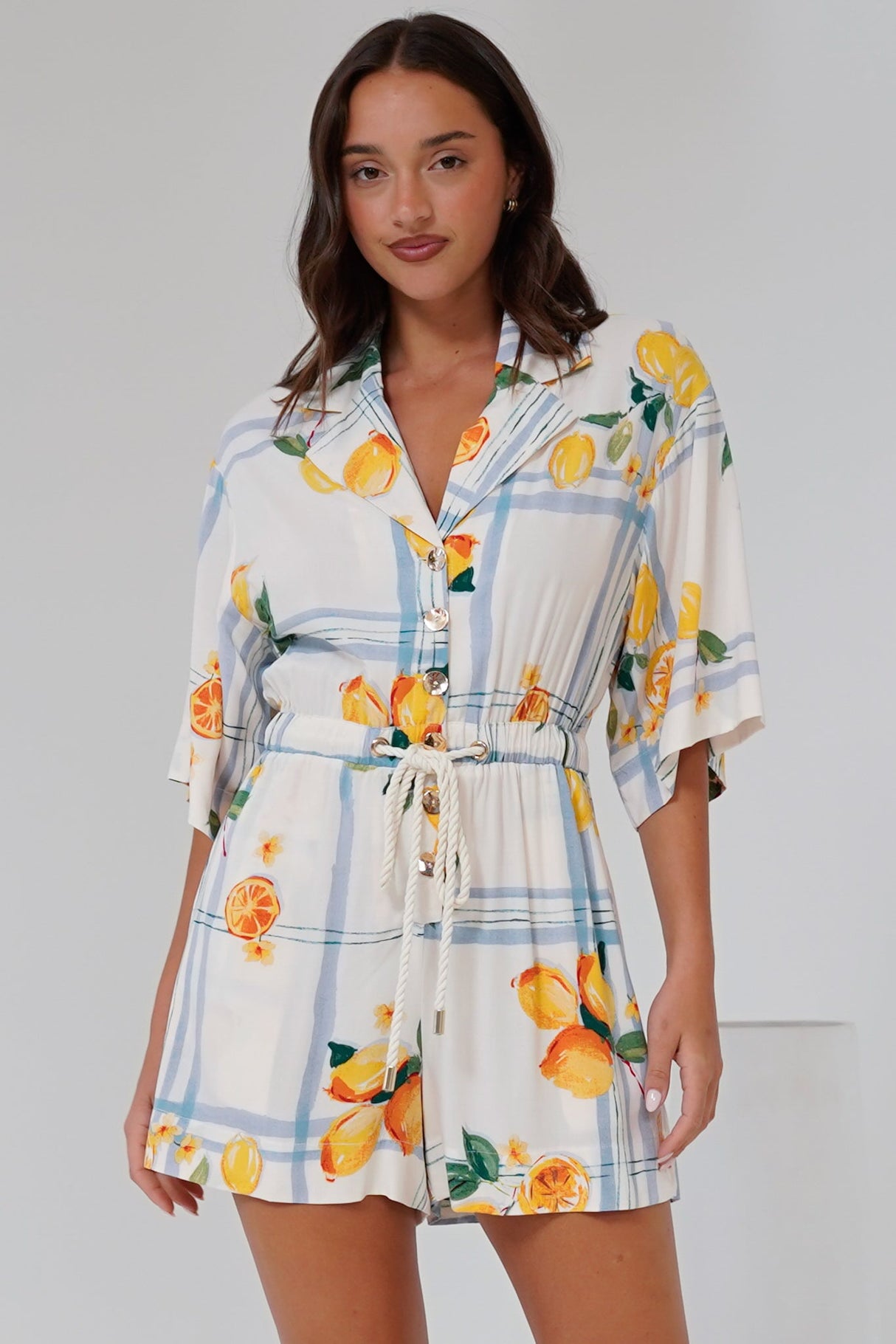 Marylin Playsuit - Collared Button Down Playsuit with Rope Pull Tie Waist in San Vitto Print