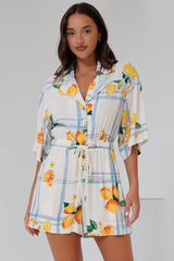 Marylin Playsuit - Collared Button Down Playsuit with Rope Pull Tie Waist in San Vitto Print