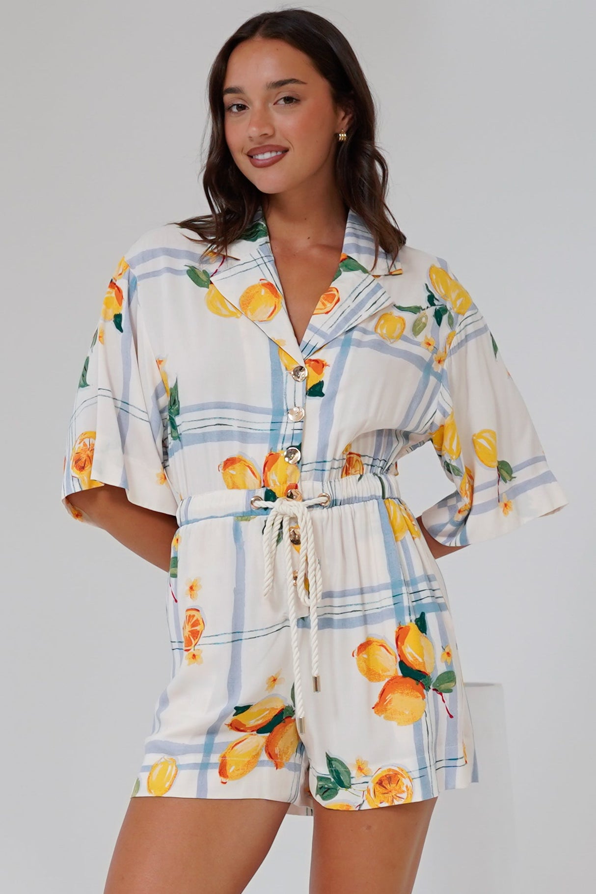 Marylin Playsuit - Collared Button Down Playsuit with Rope Pull Tie Waist in San Vitto Print