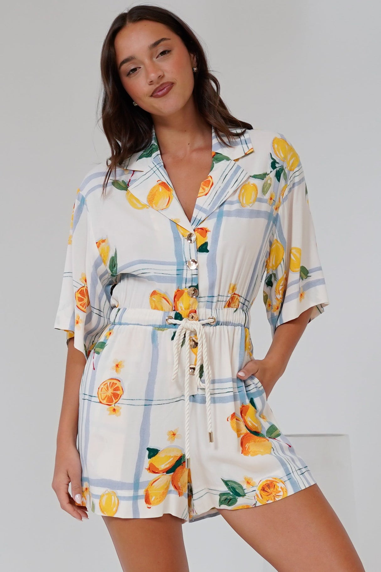 Marylin Playsuit - Collared Button Down Playsuit with Rope Pull Tie Waist in San Vitto Print