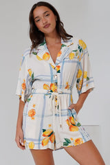 Marylin Playsuit - Collared Button Down Playsuit with Rope Pull Tie Waist in San Vitto Print