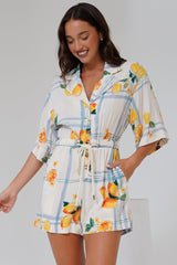 Marylin Playsuit - Collared Button Down Playsuit with Rope Pull Tie Waist in San Vitto Print