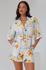 Marylin Playsuit - Collared Button Down Playsuit with Rope Pull Tie Waist in San Vitto Print