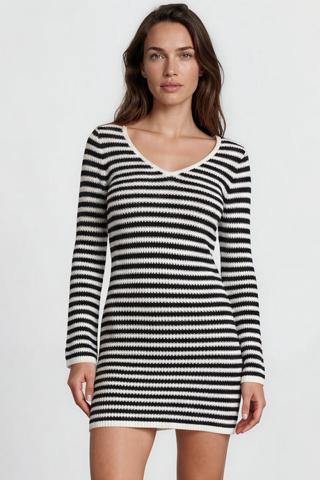 Model wearing Marza Mini Dress in Black/White from Salty Crush