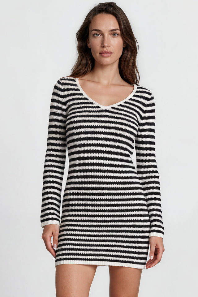 Model wearing Marza Mini Dress in Black/White from Salty Crush
