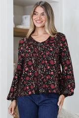 Mathilde Top - Soft V-Neck Pull Over with Long Sleeves and Neck Tie with Tassels in Nanushka Print