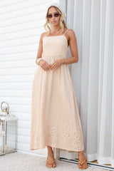 Matilda Midi Dress - Broadleaf Eyelet Embroidered A Line Dress with Adjustable Straps in Cream