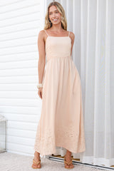 Matilda Midi Dress - Broadleaf Eyelet Embroidered A Line Dress with Adjustable Straps in Cream