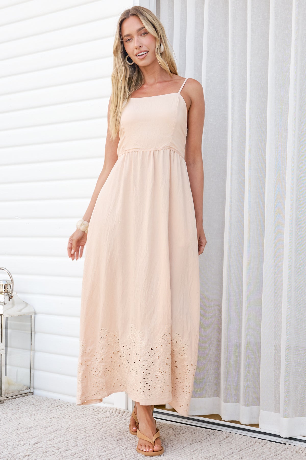 Matilda Midi Dress - Broadleaf Eyelet Embroidered A Line Dress with Adjustable Straps in Cream