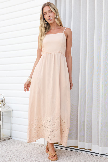 Matilda Midi Dress - Broadleaf Eyelet Embroidered A Line Dress with Adjustable Straps in Cream