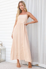 Matilda Midi Dress - Broadleaf Eyelet Embroidered A Line Dress with Adjustable Straps in Cream