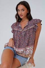 Matteo Top - Frill Sleeve Pull Over Top with Neck Tie Detail in Perry Print