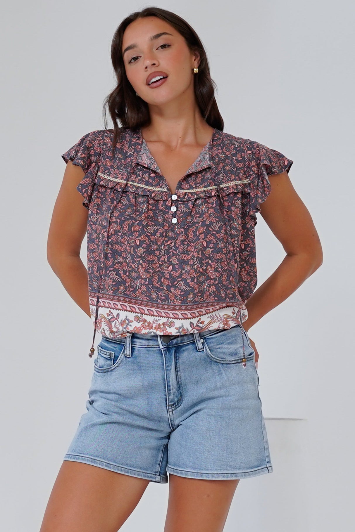 Matteo Top - Frill Sleeve Pull Over Top with Neck Tie Detail in Perry Print