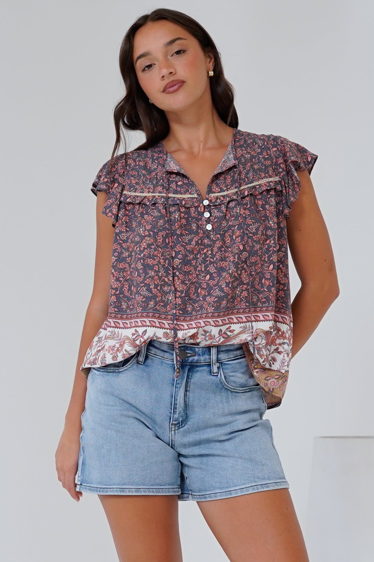 Matteo Top - Frill Sleeve Pull Over Top with Neck Tie Detail in Perry Print