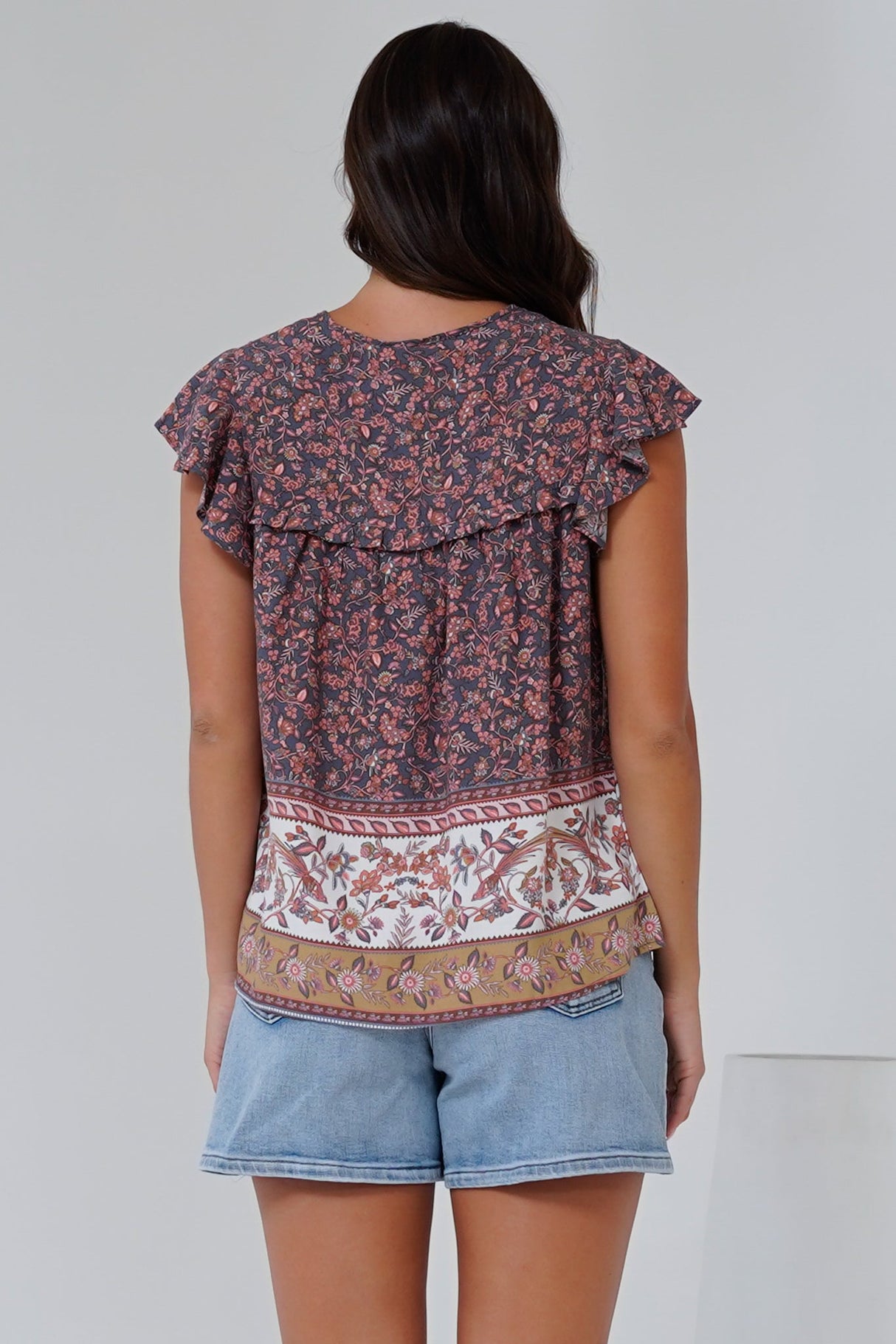 Matteo Top - Frill Sleeve Pull Over Top with Neck Tie Detail in Perry Print