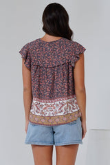 Matteo Top - Frill Sleeve Pull Over Top with Neck Tie Detail in Perry Print