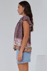 Matteo Top - Frill Sleeve Pull Over Top with Neck Tie Detail in Perry Print