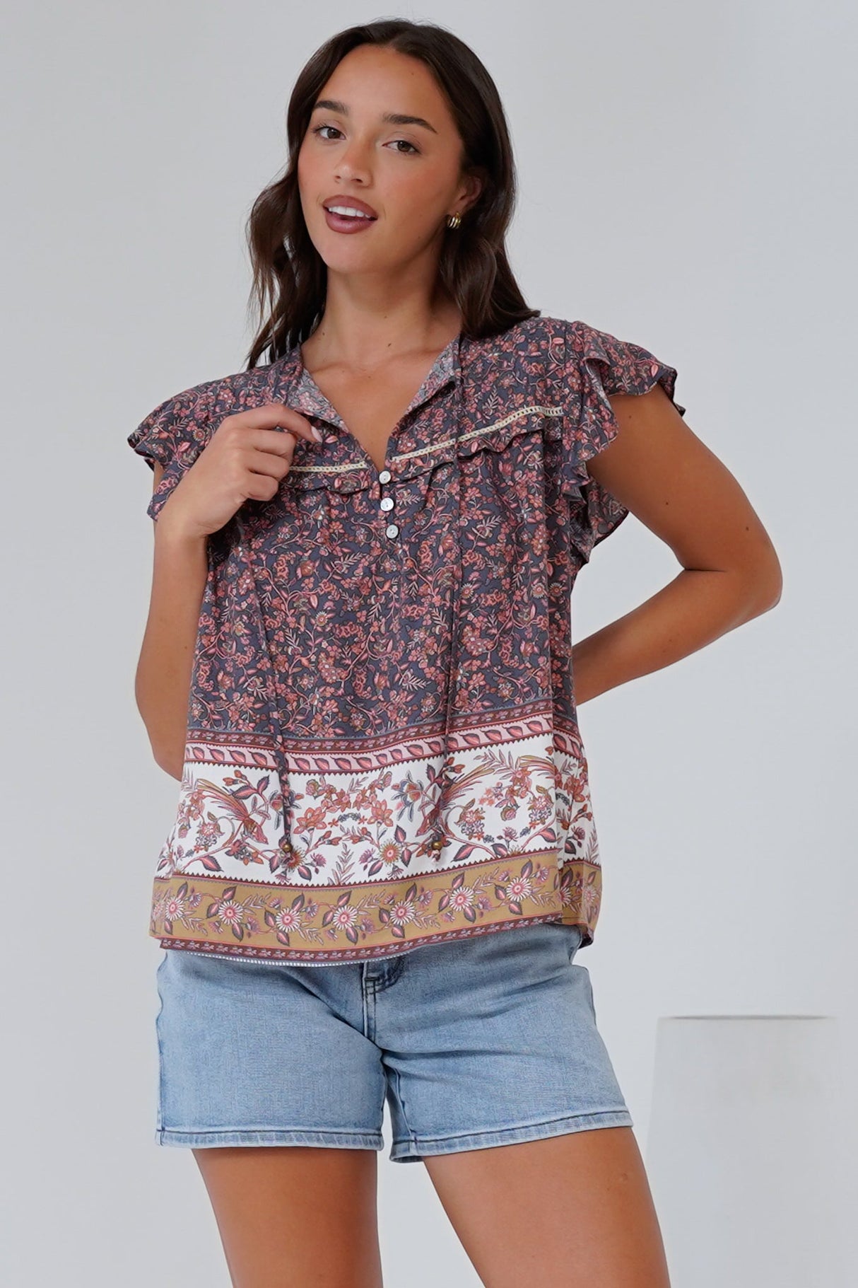Matteo Top - Frill Sleeve Pull Over Top with Neck Tie Detail in Perry Print