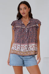 Matteo Top - Frill Sleeve Pull Over Top with Neck Tie Detail in Perry Print
