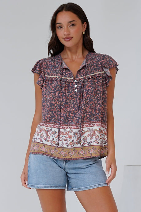 Matteo Top - Frill Sleeve Pull Over Top with Neck Tie Detail in Perry Print