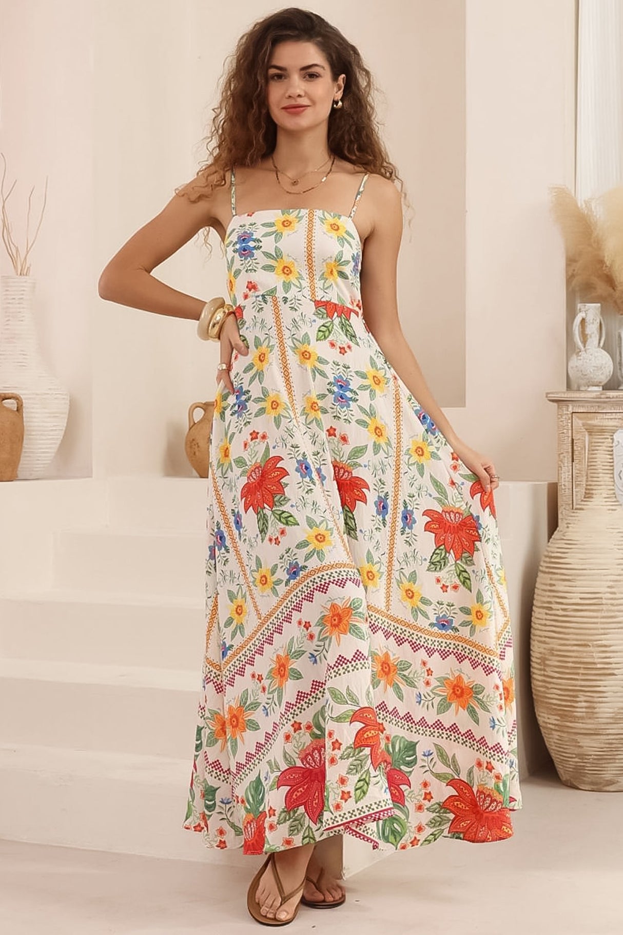 Mattina Maxi Dress: Spaghetti Strap Sun Dress in Alma Print