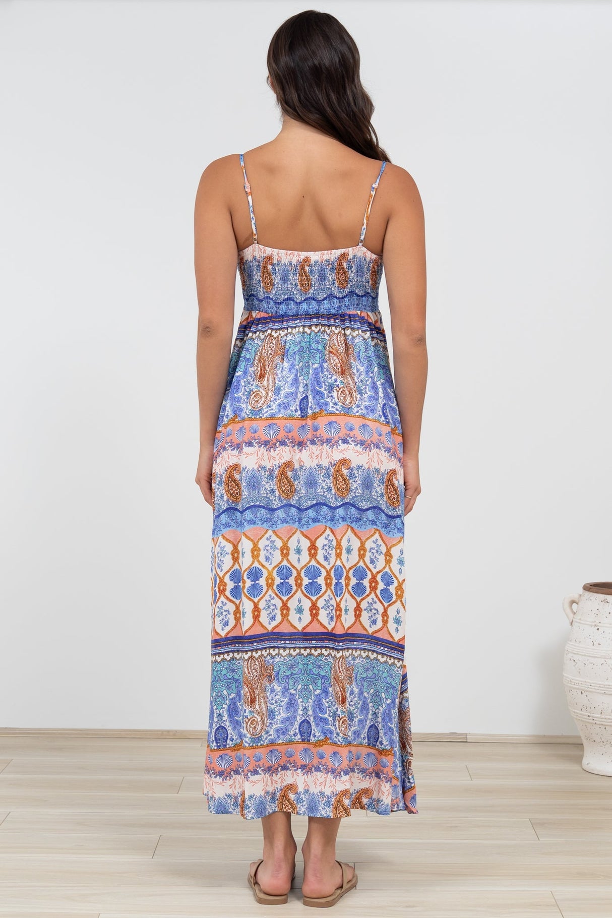 Mattina Maxi Dress: Spaghetti Strap Sun Dress in Belly Print
