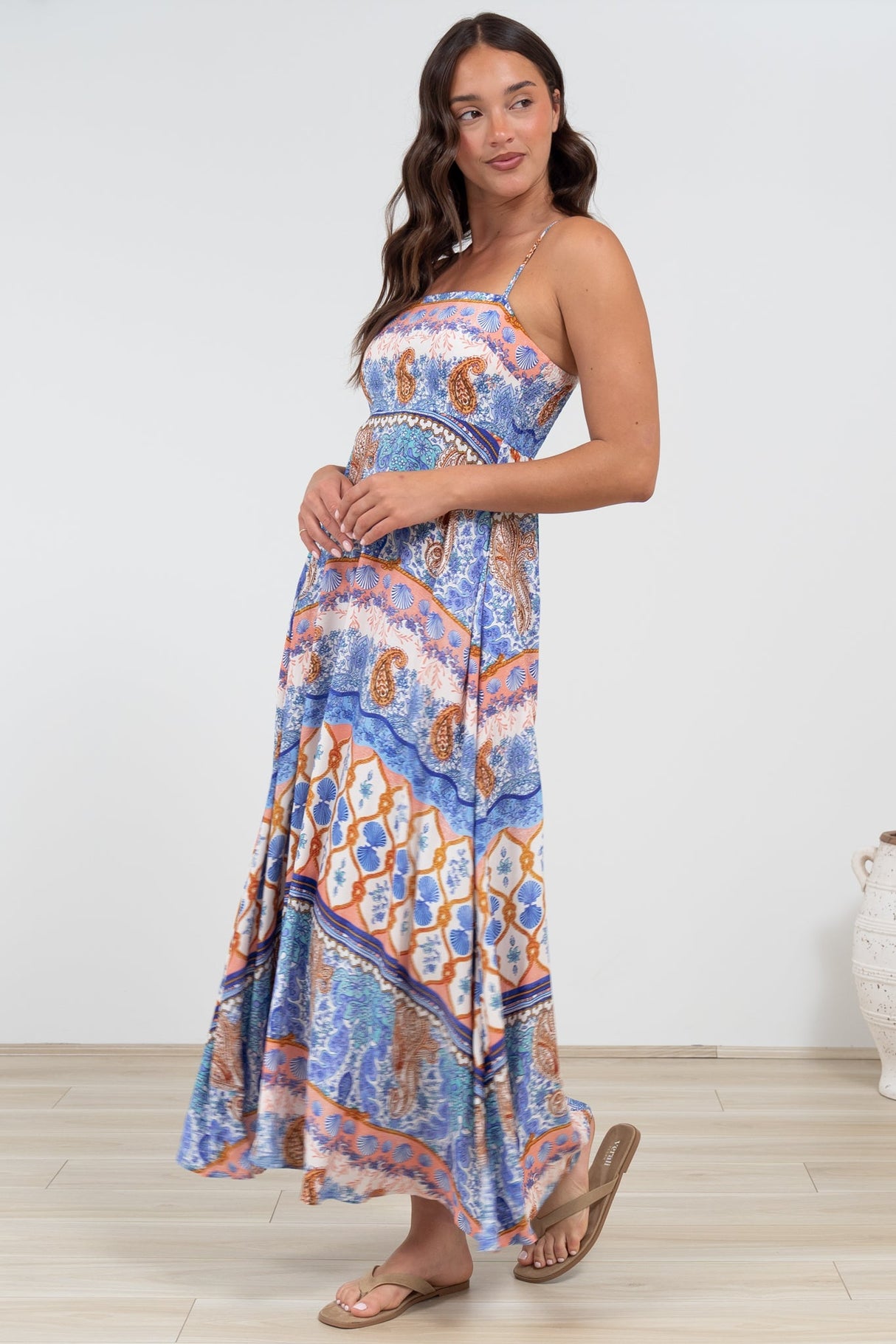 Mattina Maxi Dress: Spaghetti Strap Sun Dress in Belly Print