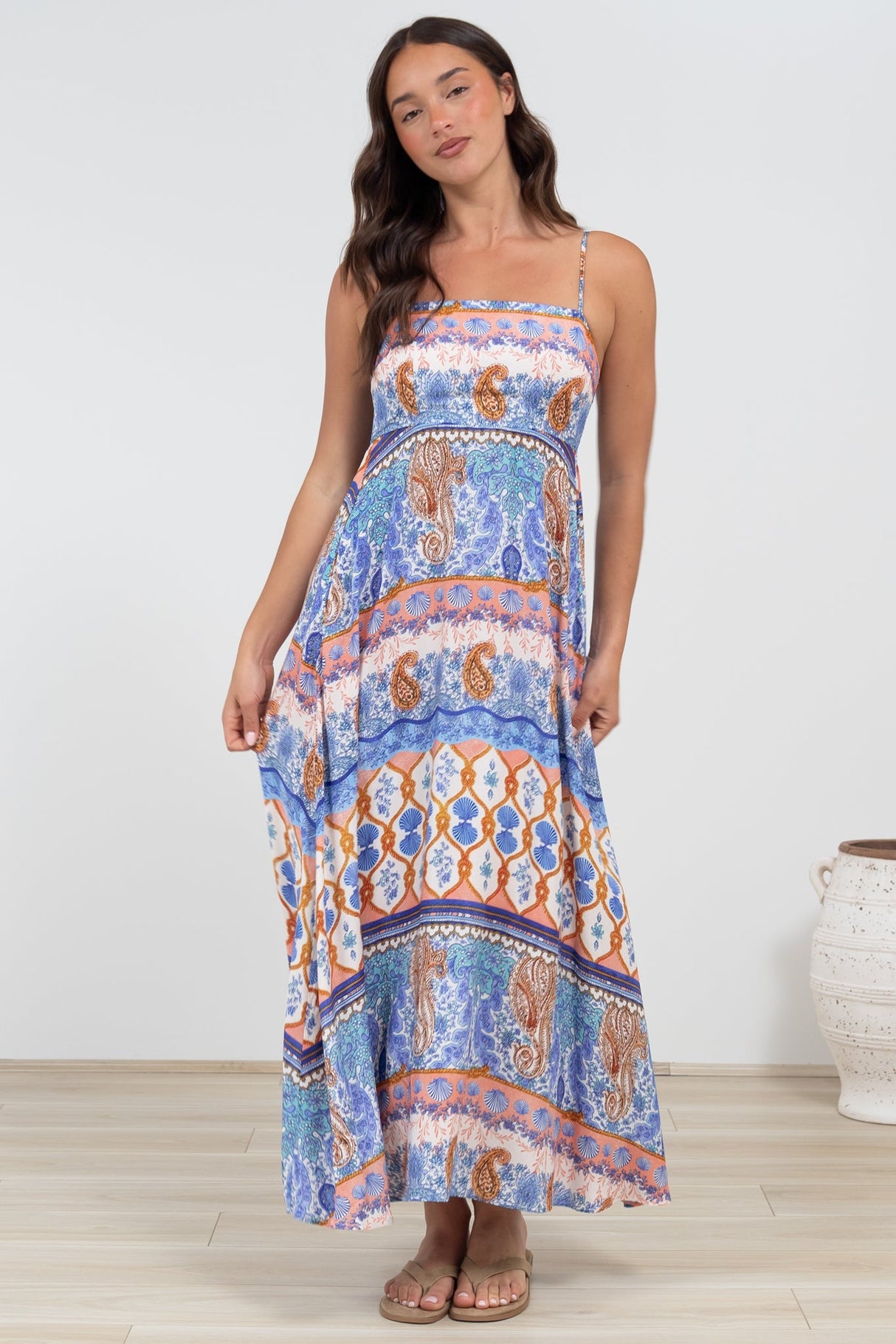 Mattina Maxi Dress: Spaghetti Strap Sun Dress in Belly Print
