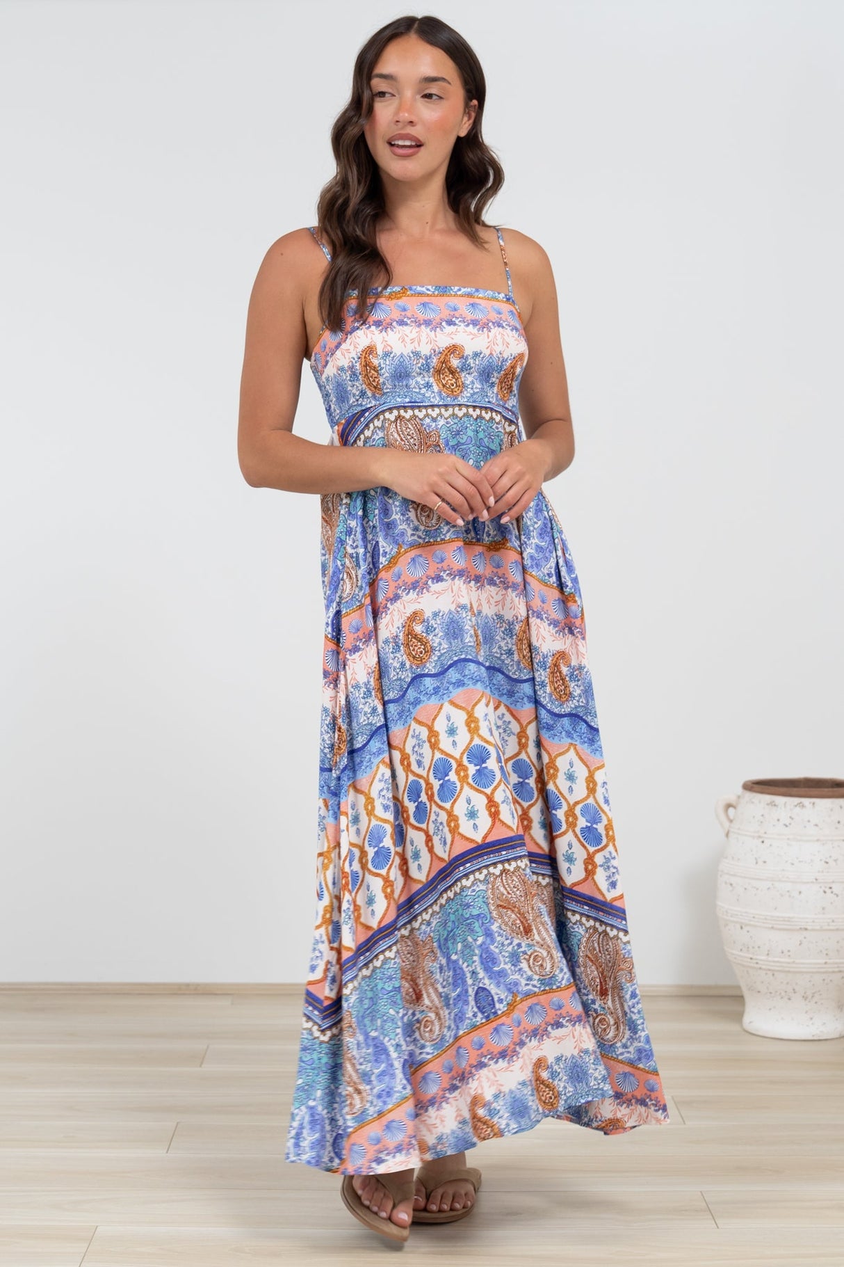 Mattina Maxi Dress: Spaghetti Strap Sun Dress in Belly Print