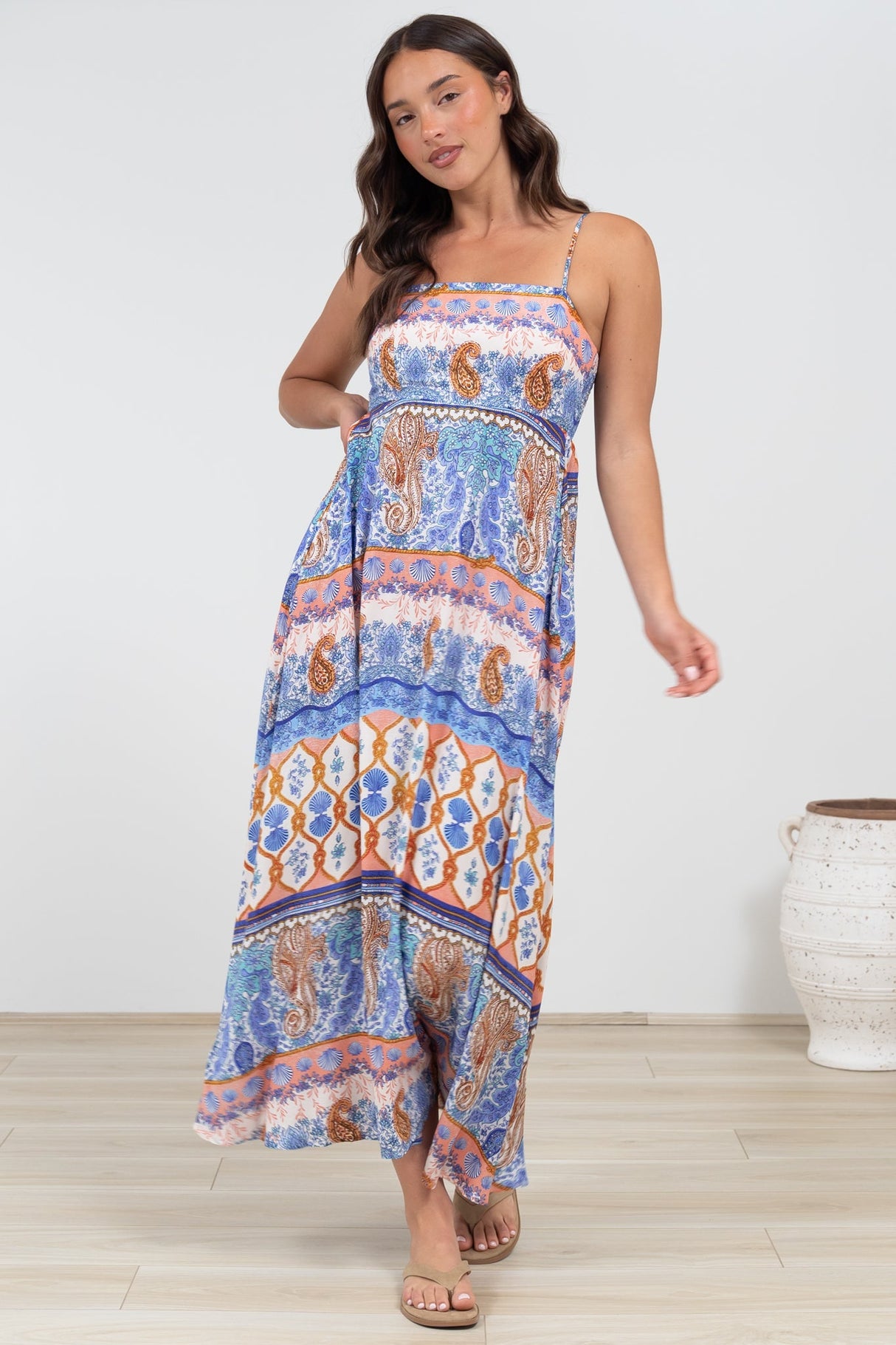 Mattina Maxi Dress: Spaghetti Strap Sun Dress in Belly Print