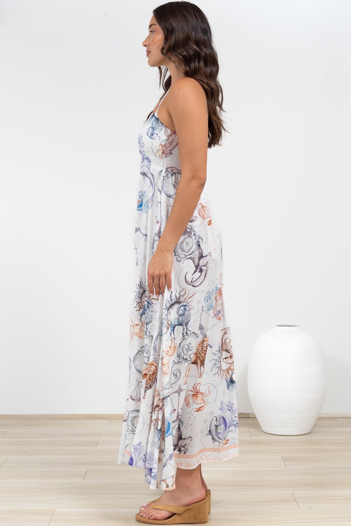 Mattina Maxi Dress: Spaghetti Strap Sun Dress in Zodiac Print