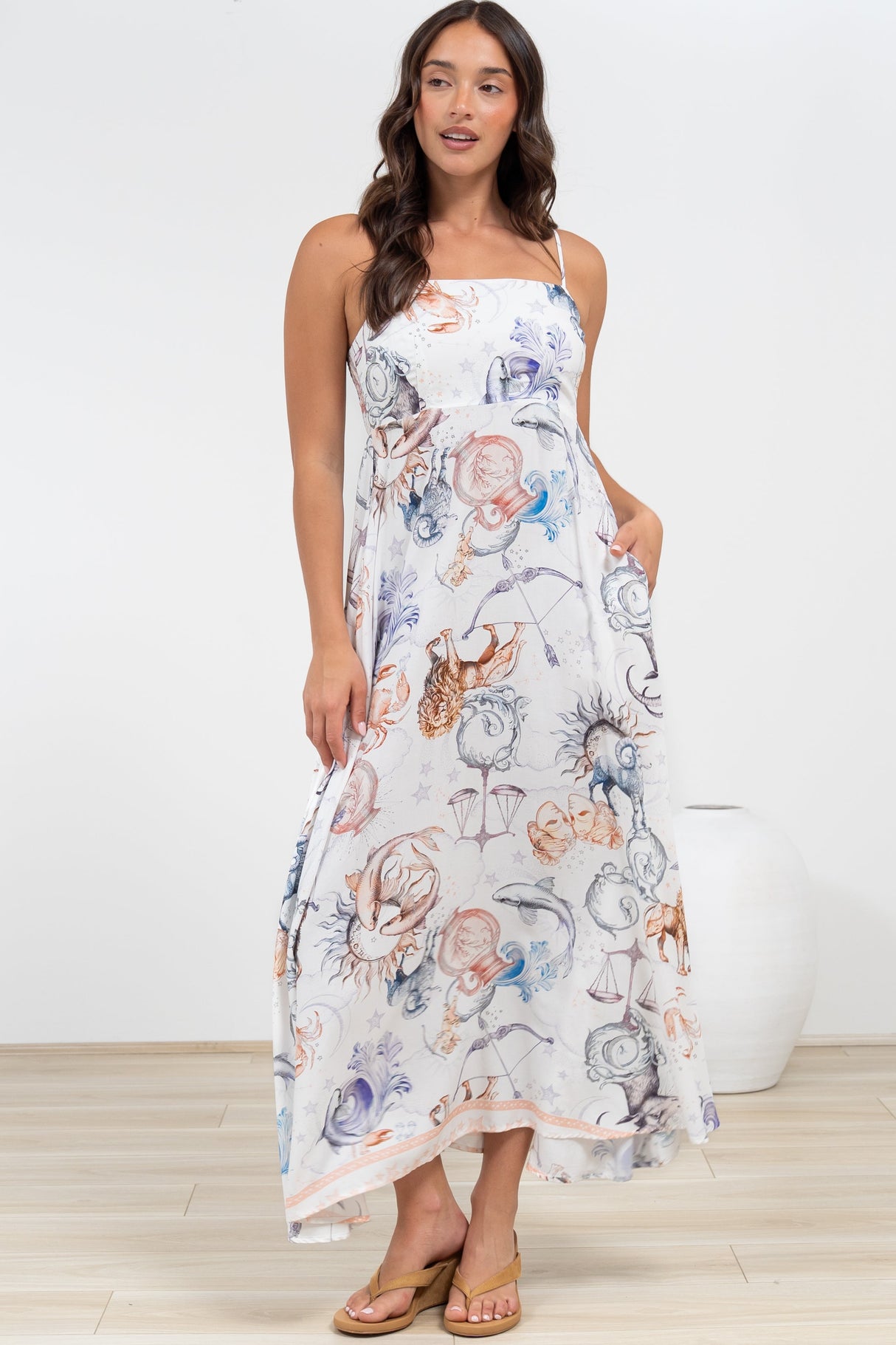 Mattina Maxi Dress: Spaghetti Strap Sun Dress in Zodiac Print