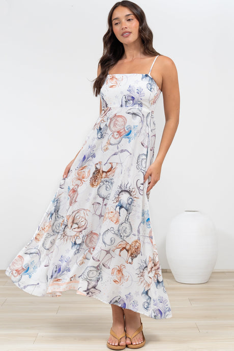 Mattina Maxi Dress: Spaghetti Strap Sun Dress in Zodiac Print