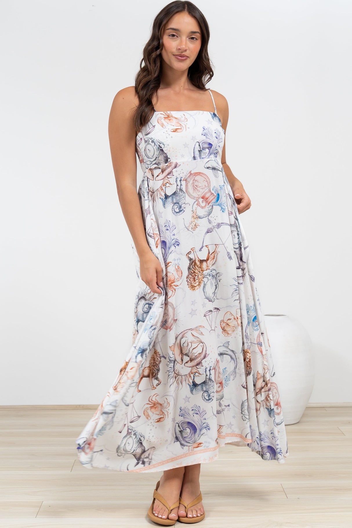 Mattina Maxi Dress: Spaghetti Strap Sun Dress in Zodiac Print