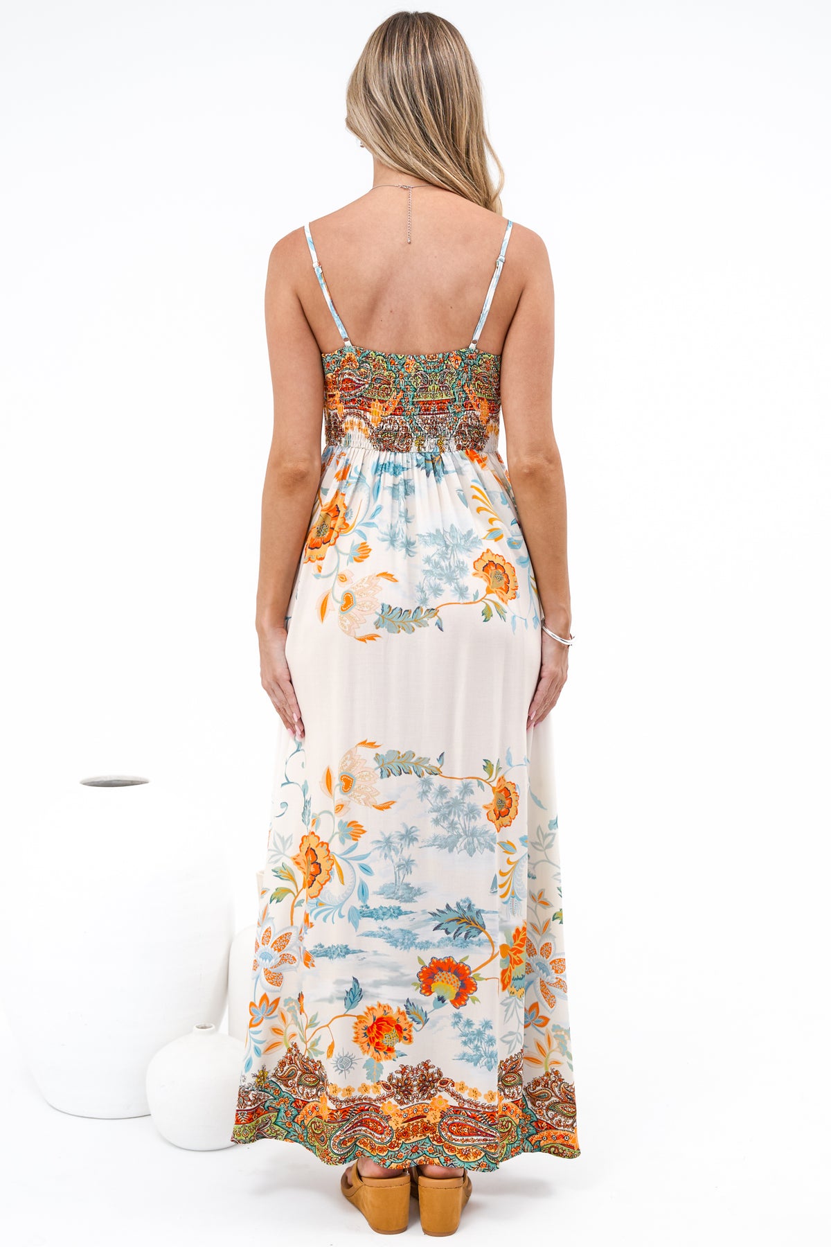 Mattina Maxi Dress: Spaghetti Strap Sun Dress in Tavira Print