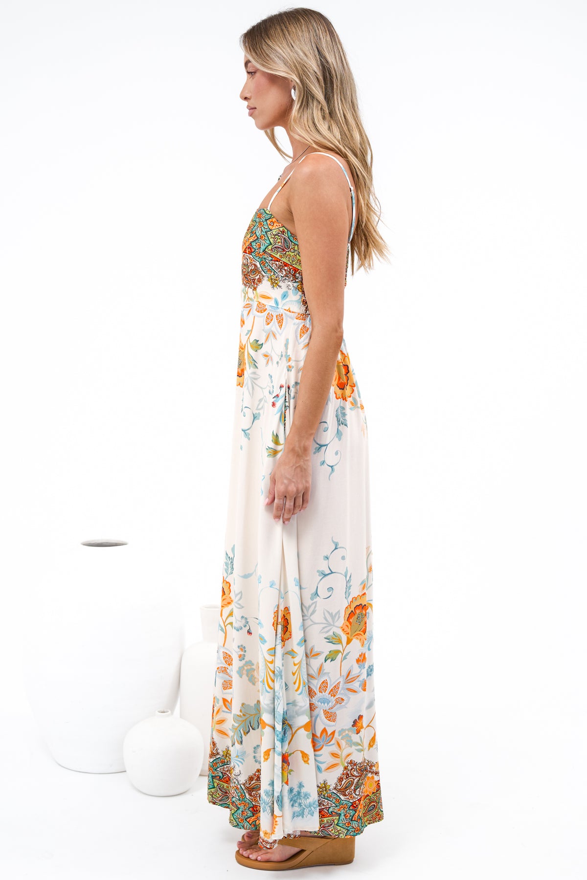 Mattina Maxi Dress: Spaghetti Strap Sun Dress in Tavira Print