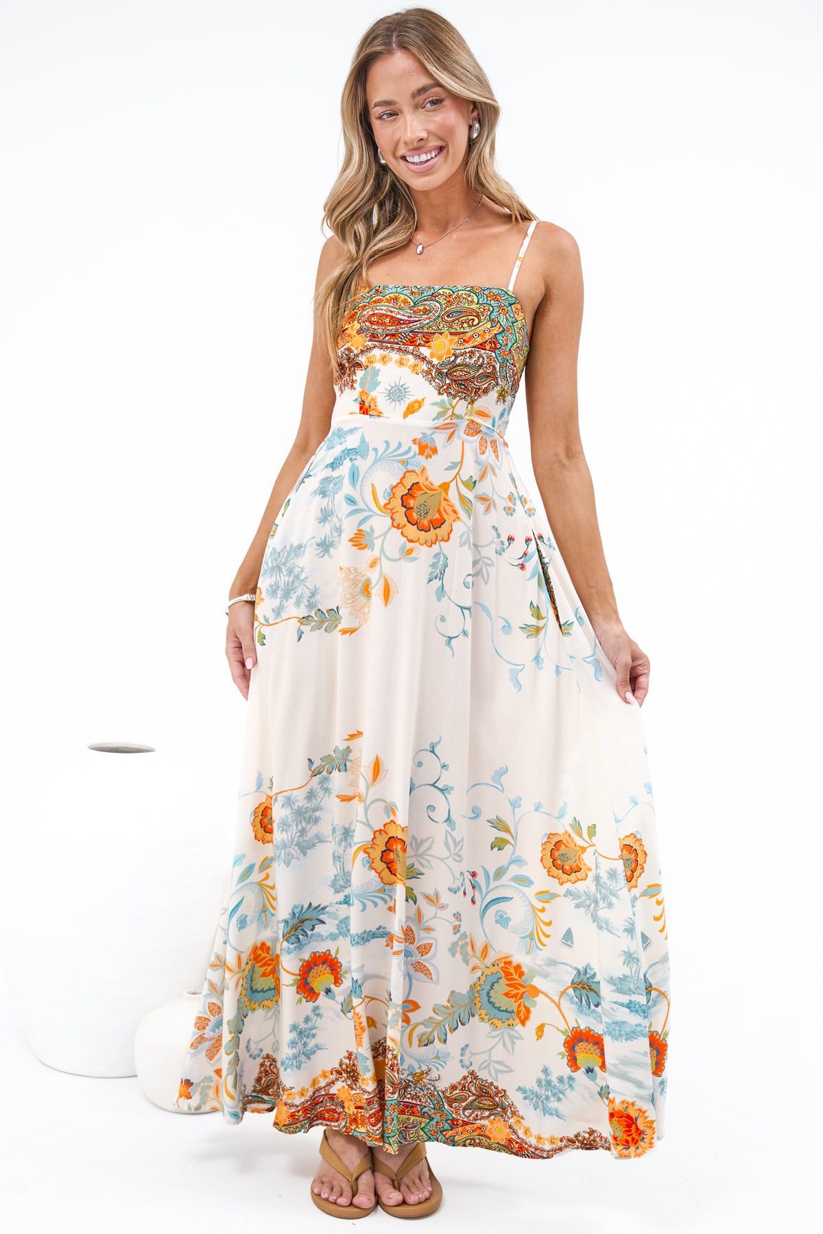 Mattina Maxi Dress: Spaghetti Strap Sun Dress in Tavira Print