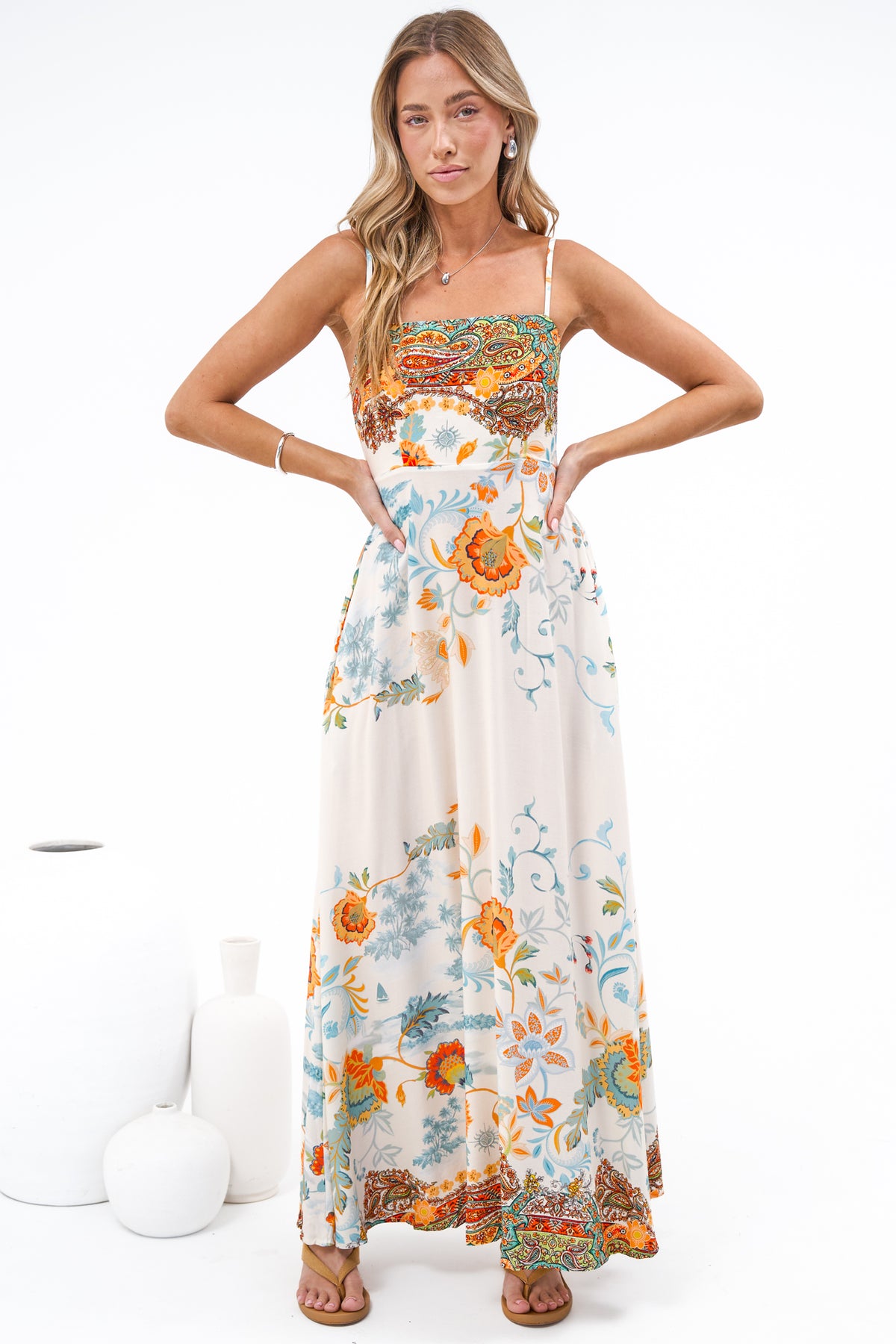 Mattina Maxi Dress: Spaghetti Strap Sun Dress in Tavira Print