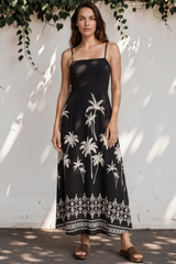 Model wearing Mattina Maxi Dress in Aviv Print Black from Salty Crush