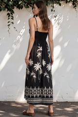 Model wearing Mattina Maxi Dress in Aviv Print Black from Salty Crush