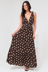 Maude Maxi Dress - Deep V-Neck Ties on Shoulders Tiered Dress in Kitson Spot Print Chocolate
