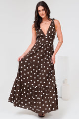Maude Maxi Dress - Deep V-Neck Ties on Shoulders Tiered Dress in Kitson Spot Print Chocolate