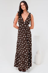Maude Maxi Dress - Deep V-Neck Ties on Shoulders Tiered Dress in Kitson Spot Print Chocolate