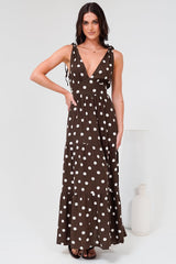 Maude Maxi Dress - Deep V-Neck Ties on Shoulders Tiered Dress in Kitson Spot Print Chocolate