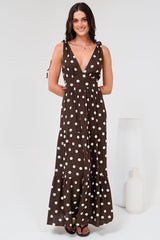 Maude Maxi Dress - Deep V-Neck Ties on Shoulders Tiered Dress in Kitson Spot Print Chocolate