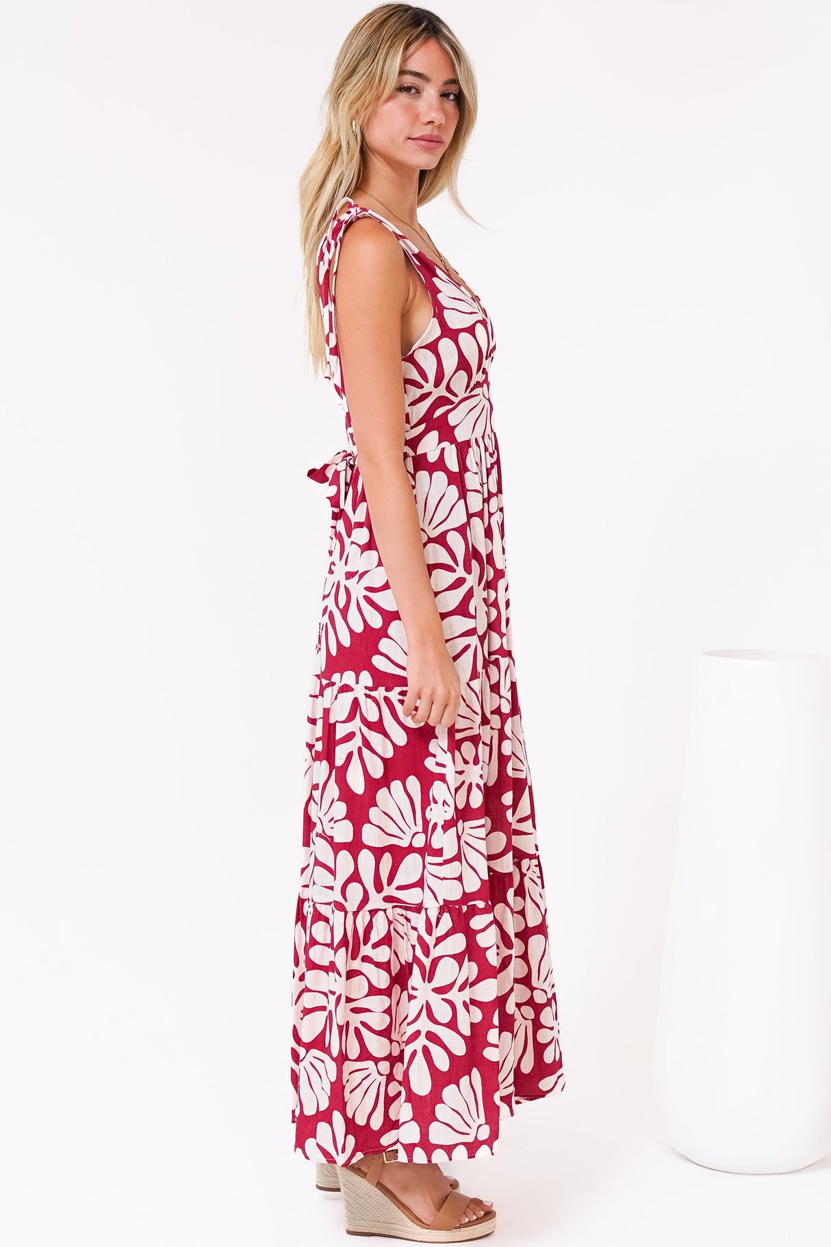 Maude Maxi Dress - Deep V-Neck Ties on Shoulders Tiered Dress in Lunie Print Red