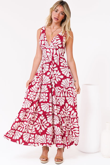 Maude Maxi Dress - Deep V-Neck Ties on Shoulders Tiered Dress in Lunie Print Red