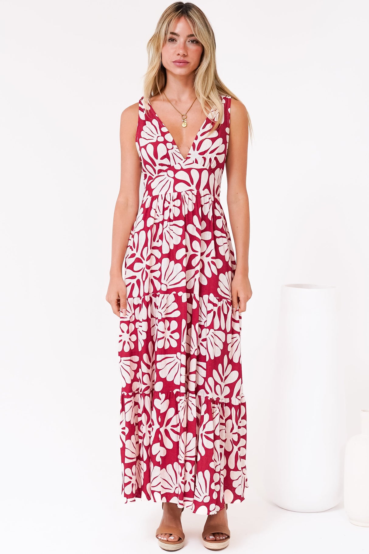 Maude Maxi Dress - Deep V-Neck Ties on Shoulders Tiered Dress in Lunie Print Red